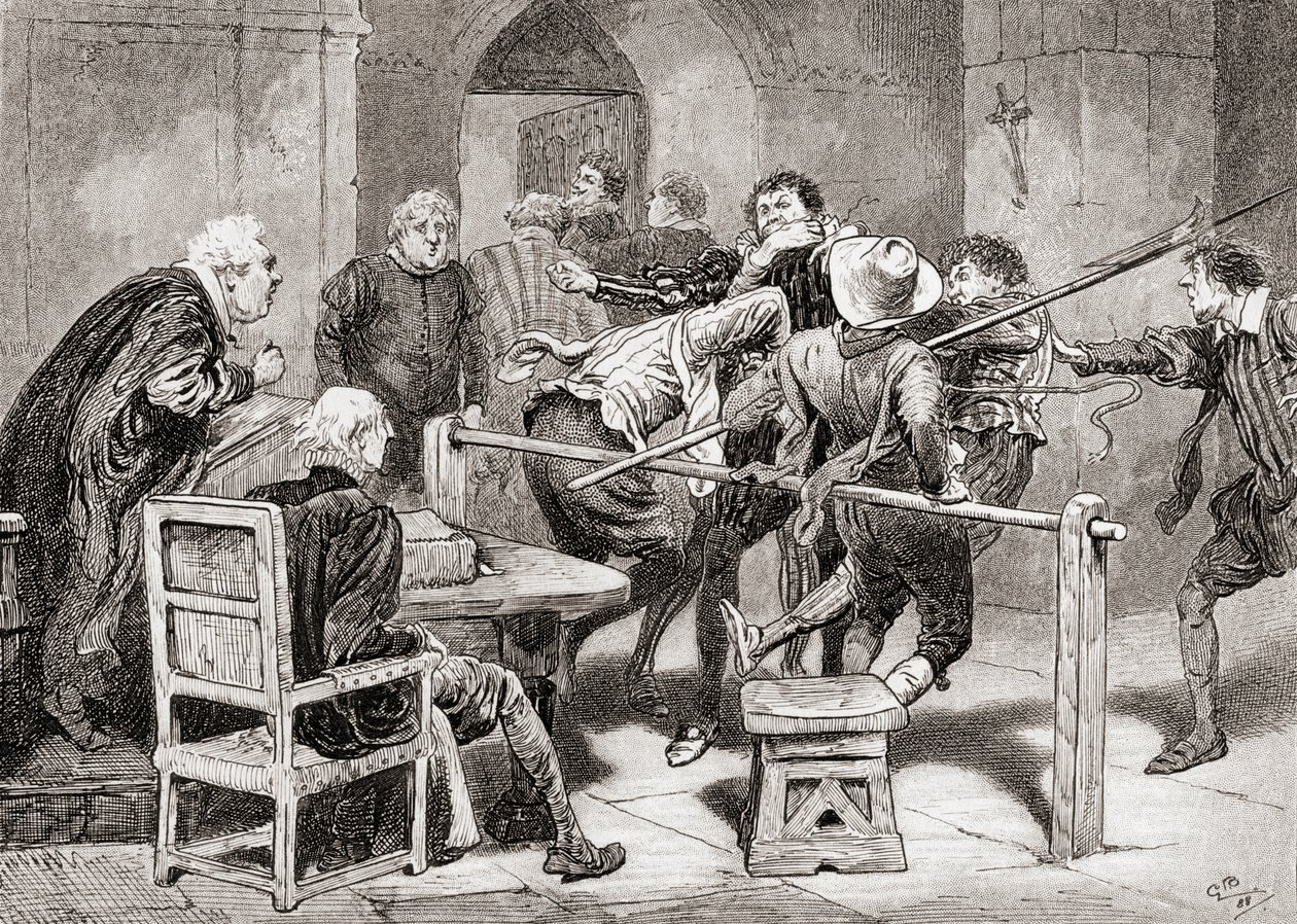 En scene fra William Shakespeares skuespil Much Ado About Nothing, Act IV, Scene 2, Dogberry: Dost thou not suspect my place? Har du ikke mistanke om mine år?, fra The Works of William Shakespeare, udgive af Gordon Frederick Browne