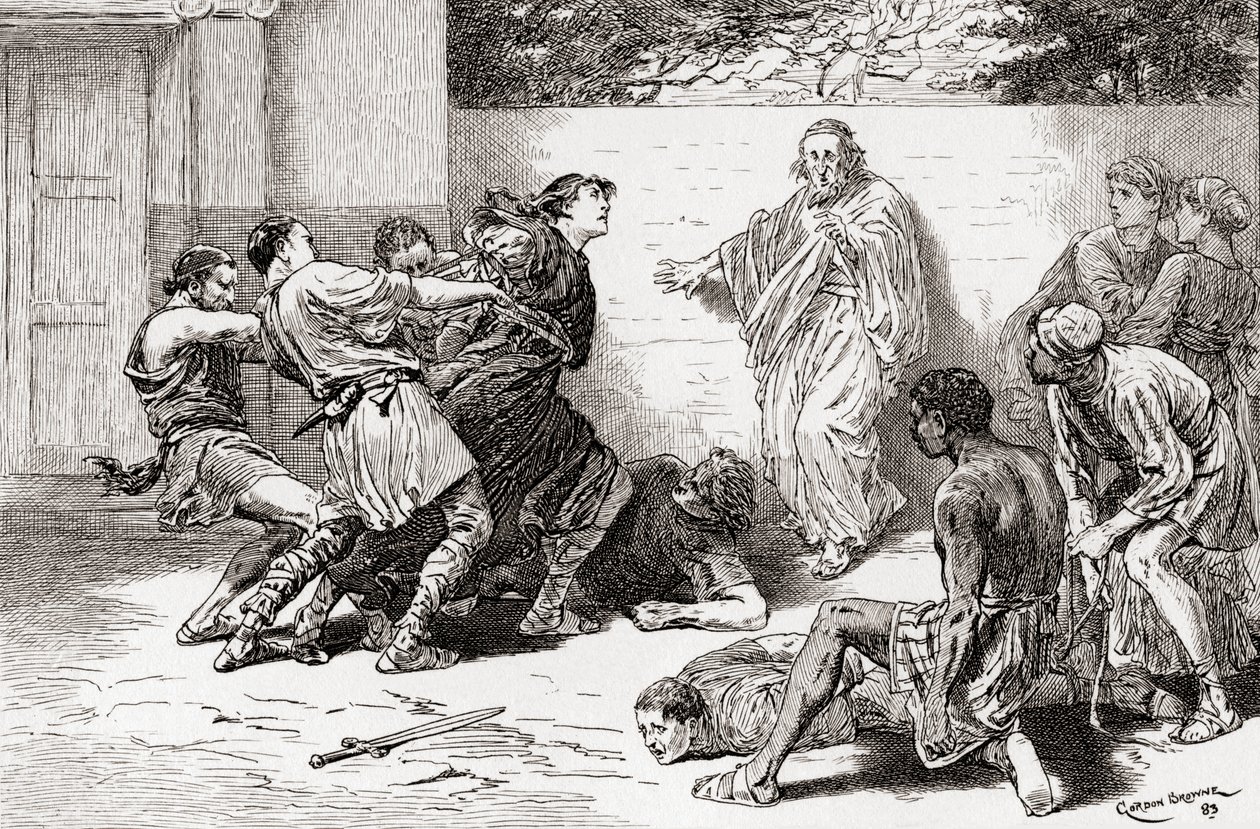 En scene fra William Shakespeares skuespil The Comedy of Errors, Act V, Scene 4, Adriana: O, bind ham, bind ham, lad ham ikke komme i nærheden af mig. Pinch: Mere selskab, djævelen er stærk i ham, fra Ordet af Gordon Frederick Browne