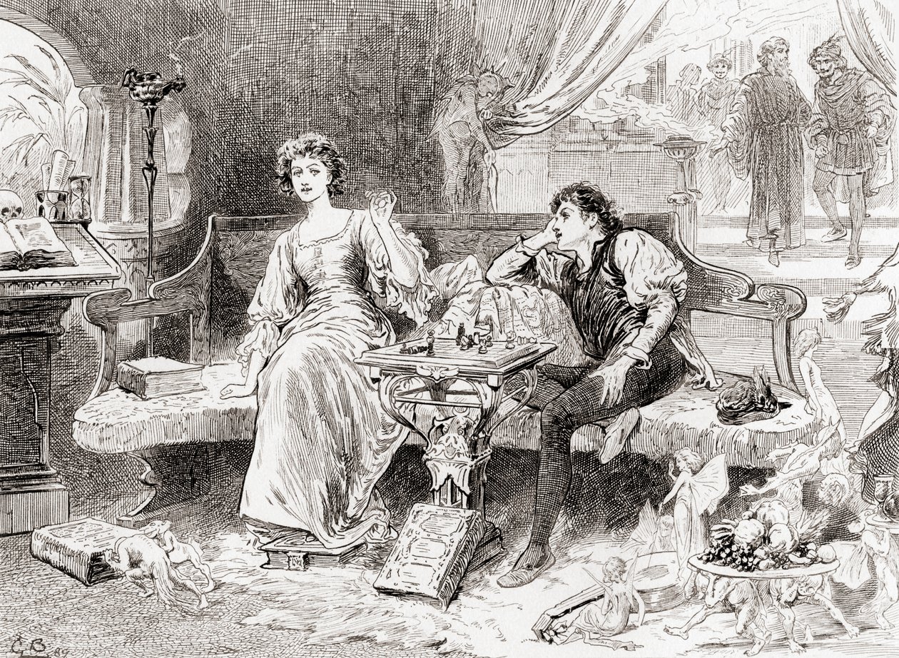 En scene fra William Shakespeares skuespil The Tempest, Act V, Scene 1, Miranda: Sweet Lord, you play me false, fra The Works of William Shakespeare, udgivet 1896 af Gordon Frederick Browne