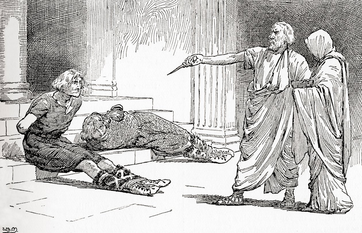 En scene fra William Shakespeares skuespil Titus Andronicus, Akt V, Scene 2, Titus: Kom, kom, Lavinia, se, dine fjender er bundet, fra The Works of William Shakespeare, udgivet 1896 af Gordon Frederick Browne