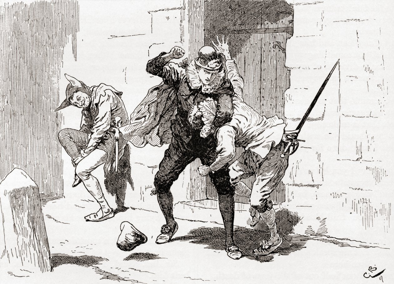 En scene fra William Shakespeares skuespil Twelfth Night Act IV, Scene 1, Sebastian (som slår Sir Andrew): Why, there is for you, and there, and there!, fra The Works of William Shakespeare, udgivet 1896 af Gordon Frederick Browne