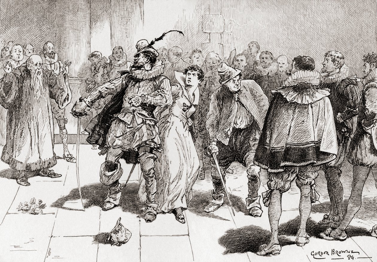 Petruchio: Frygt ikke, søde ven, de skal ikke røre dig Kate, Ill buckler you against a million, Scene fra William Shakespeares spiller The Taming of the Shrew, Act III, Scene 2, fra The Works of af Gordon Frederick Browne
