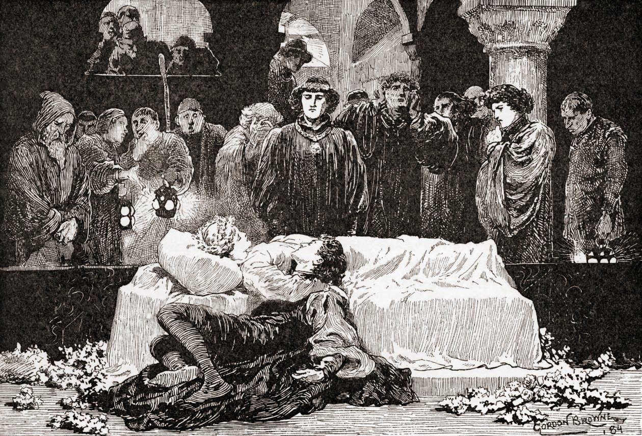 Prince: For aldrig var en historie med mere ve end denne om Juliet og hendes Romeo, En scene fra William Shakespeares skuespil Romeo og Julie, Akt V, Scene 3, fra The Works of William Shakespeare, udgivet 1 af Gordon Frederick Browne