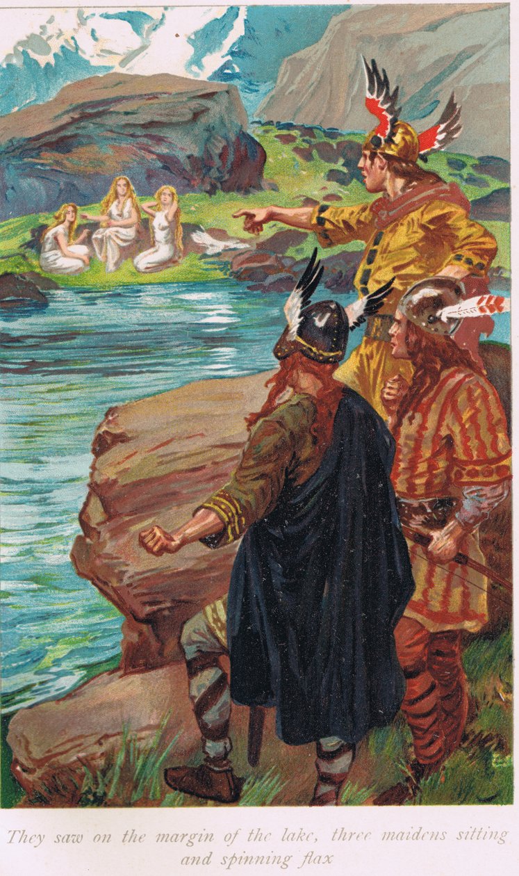 De så på kanten af søen, tre jomfruer sidde og spinde hør, illustration fra 