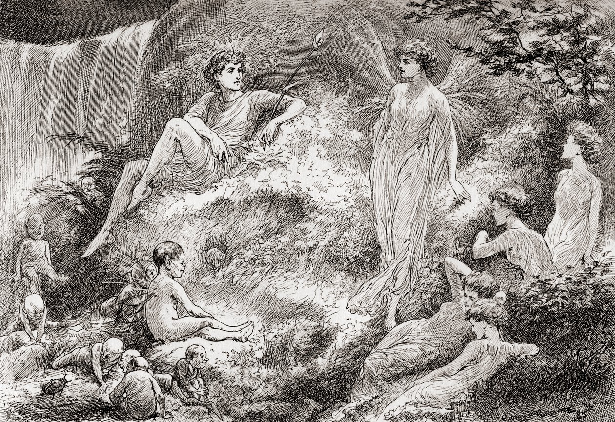 Titania: Sæt dit hjerte i ro: Eventyrlandet køber ikke mit barn, Scene fra William Shakespeares A Midsummer Nights Dream, Anden akt, Scene 1, fra The Works of William Shakespeare, udgivet 18. af Gordon Frederick Browne
