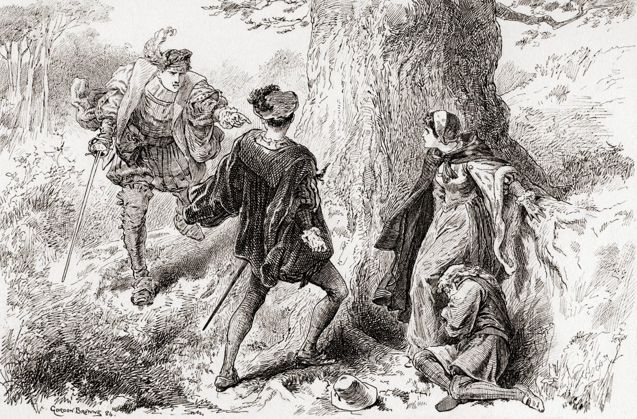 Valentine: Ruffian, slip det uhøflige, uncivile præg, En scene fra Shakespeares The Two Gentlemen of Verona, Akt V, Scene 4, fra The Works of William Shakespeare, udgivet 1896 af Gordon Frederick Browne
