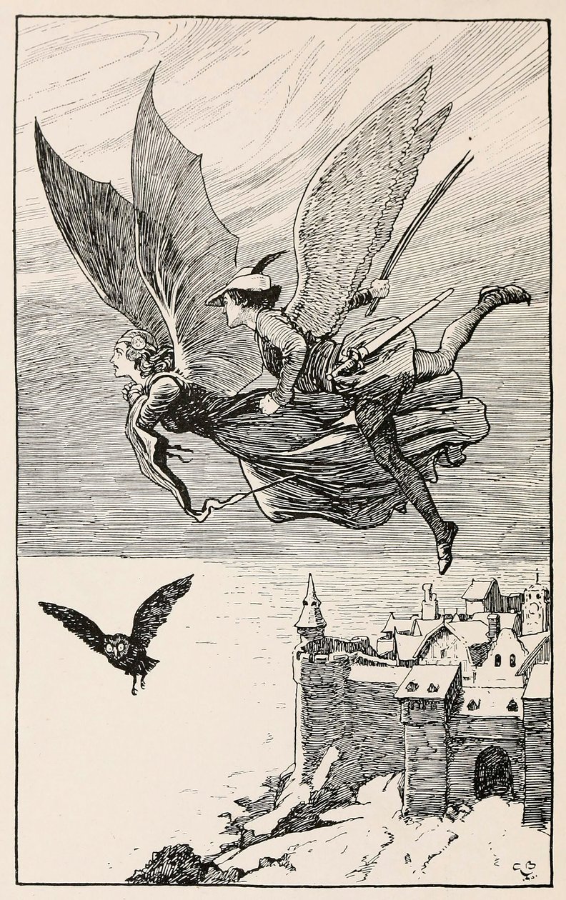 Rejsekammeraten fløj bag hende, fra Fairy Tales from Hans Anderson, pub 1919. af Gordon Browne