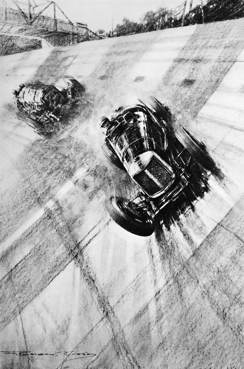 Whitney Straight Maserati ved Members Bridge-svinget, Brooklands, 1933, 1937 af Gordon Crosby