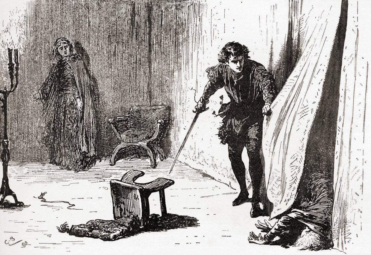 En scene fra William Shakespeares spiller Hamlet, Act III, Scene 4, Hamlet: Du elendige, udslæt, indtrængende fjols, farvel! Jeg tog dig til det bedre, fra The Works of William Shakespeare, udgivet 189 af Gordon Frederick Browne
