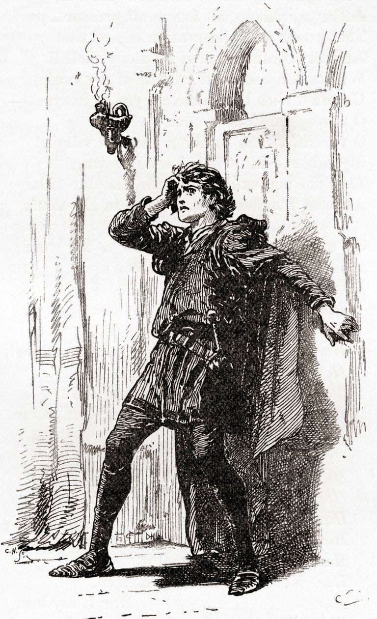 En scene fra William Shakespeares spiller Hamlet, Act I, Scene 5, Hamlet: Remember you! Ja, du stakkels spøgelse, mens hukommelsen holder plads i denne distraherede klode, fra The Works of William Shakespeare, pu af Gordon Frederick Browne
