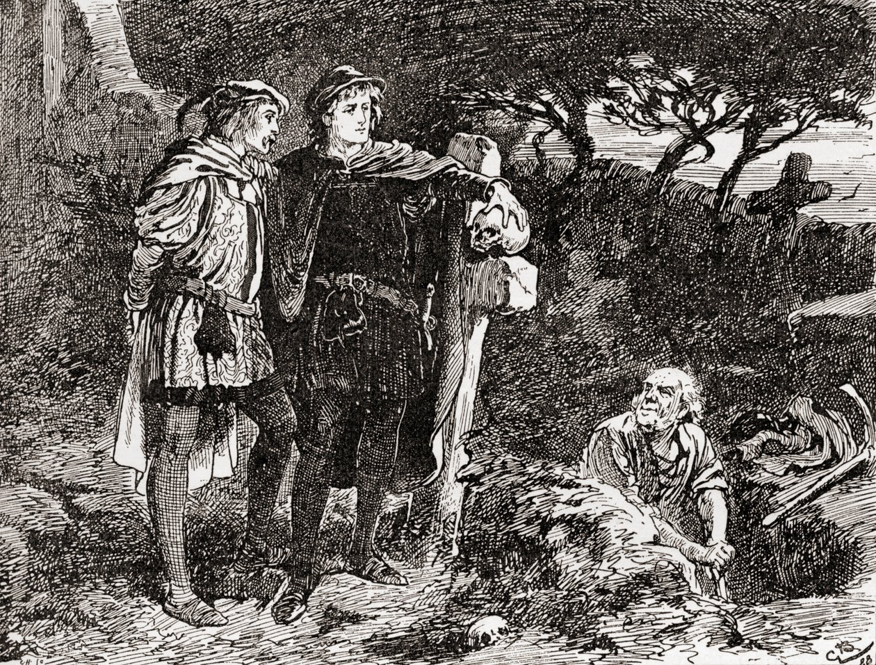 En scene fra William Shakespeares skuespil Hamlet, Akt V, Scene 1, Hamlet: Jeg kender ham, Horatio, en fyr med uendelig spøg, af mest fremragende fantasi, fra The Works of William Shakespeare, udgivet 1896 (f. af Gordon Frederick Browne
