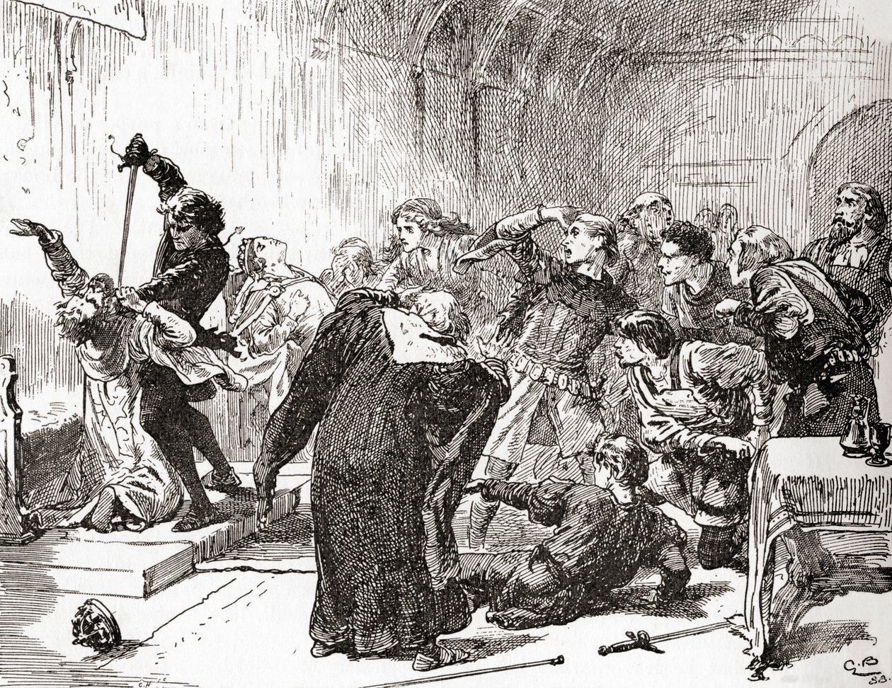 En scene fra William Shakespeares spiller Hamlet, Act V, Scene 2, Hamlet: The point envenomed too! End, gift, til dit arbejde. (Stabs the king), fra The Works of William Shakespeare, udgivet 1896 (graveret af Gordon Frederick Browne