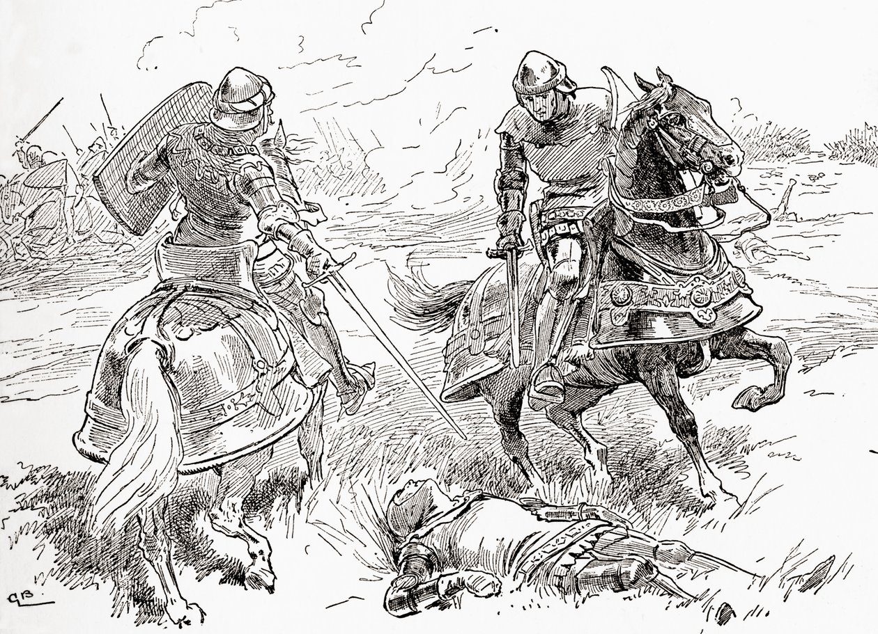 En scene fra William Shakespeares skuespil Kong Henry IV, del 1, Akt V, Scene 3, Earl of Douglas: Alls done, all won, here breathless lies the king, fra The Works of William Shakespeare, udgivet 1896 af Gordon Frederick Browne