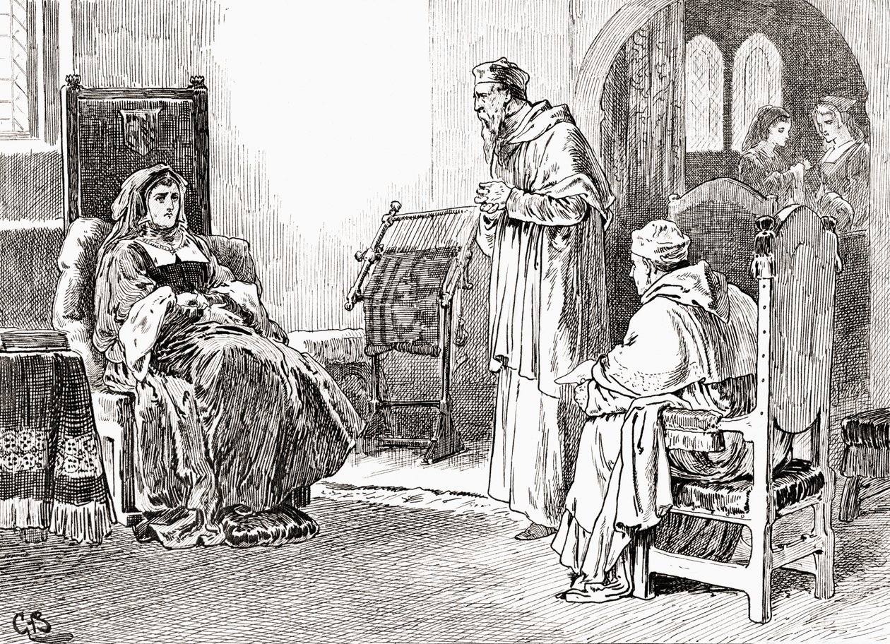 En scene fra William Shakespeares spiller King Henry VIII, Act III, Scene 1, Dronning Katherine: Gør hvad I vil, mine herrer, og bed tilgiv mig, hvis jeg har brugt mig selv umanerligt, fra The Works of William Sha af Gordon Frederick Browne
