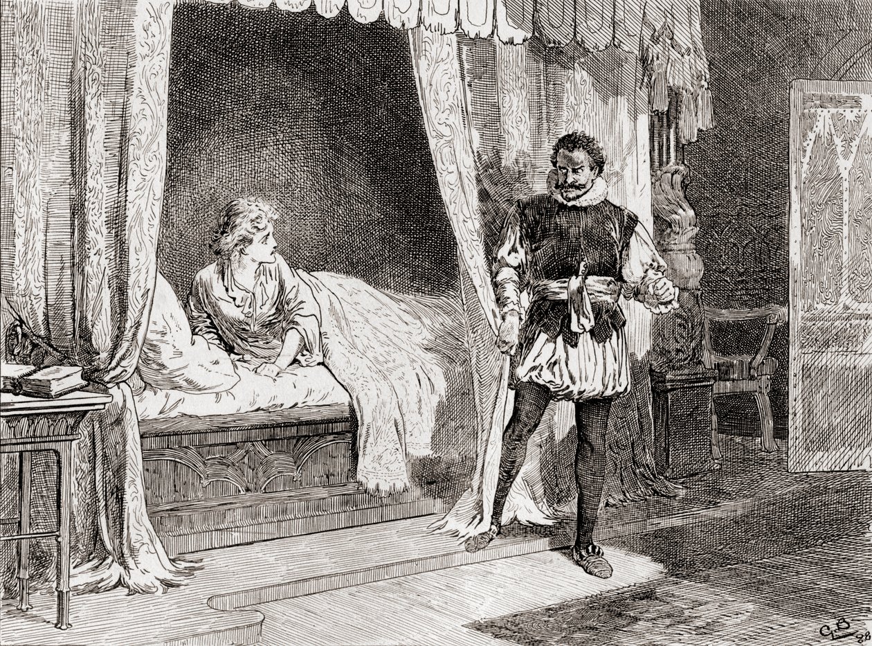 En scene fra William Shakespeares spiller Othello Act V, Scene 2, Desdemona: Talk you of killing? Othello: Ay I do, fra The Works of William Shakespeare, udgivet 1896 af Gordon Frederick Browne