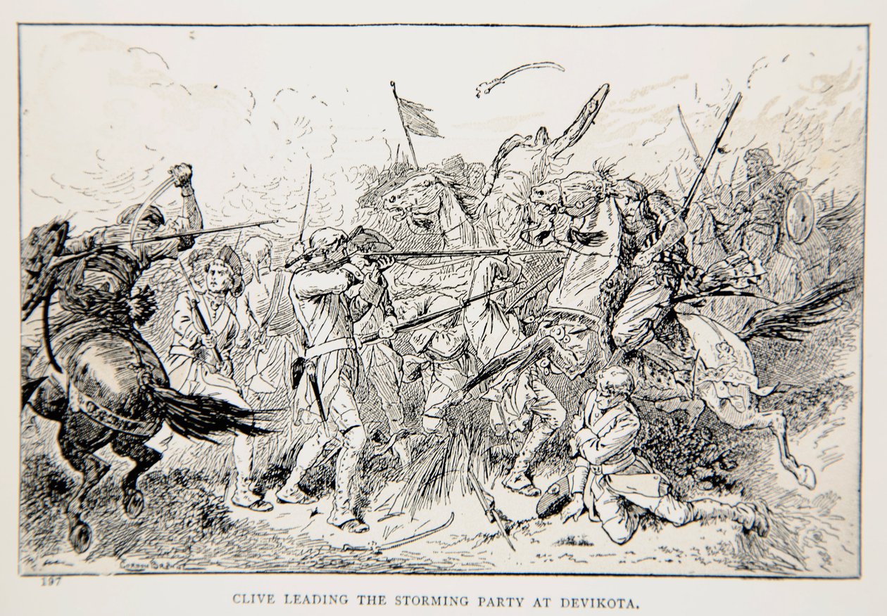 Clive leder stormningsholdet ved Devikota, en illustration fra "With Clive in India, or the Beginnings of an Empire" af G.A. Henty, udgivet af G.A. Henty. London, 1884 af Gordon Frederick Browne