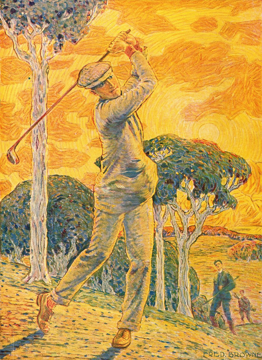 Golf, omslagsillustration til Vie au Grand Air, 15. september 1919 (farvegravering) af Gordon Frederick Browne