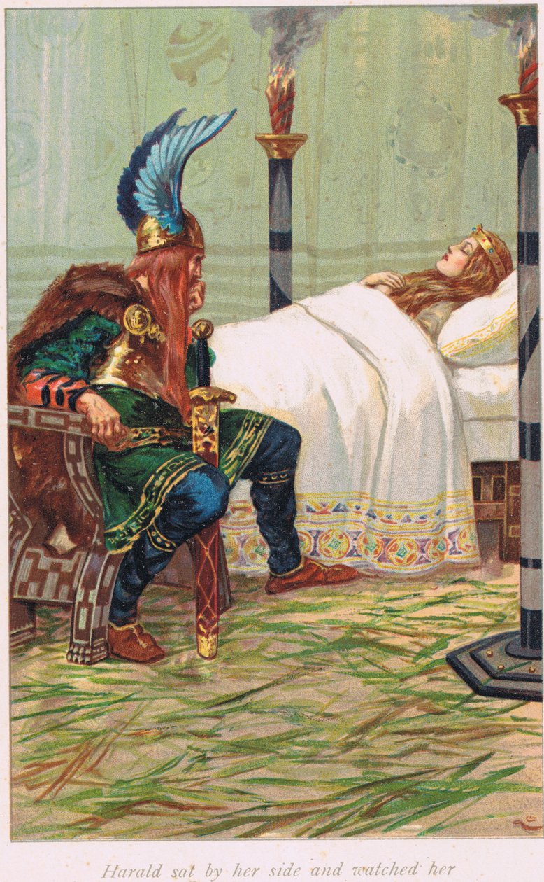 Harald sad ved hendes side og så på hende, illustration fra 