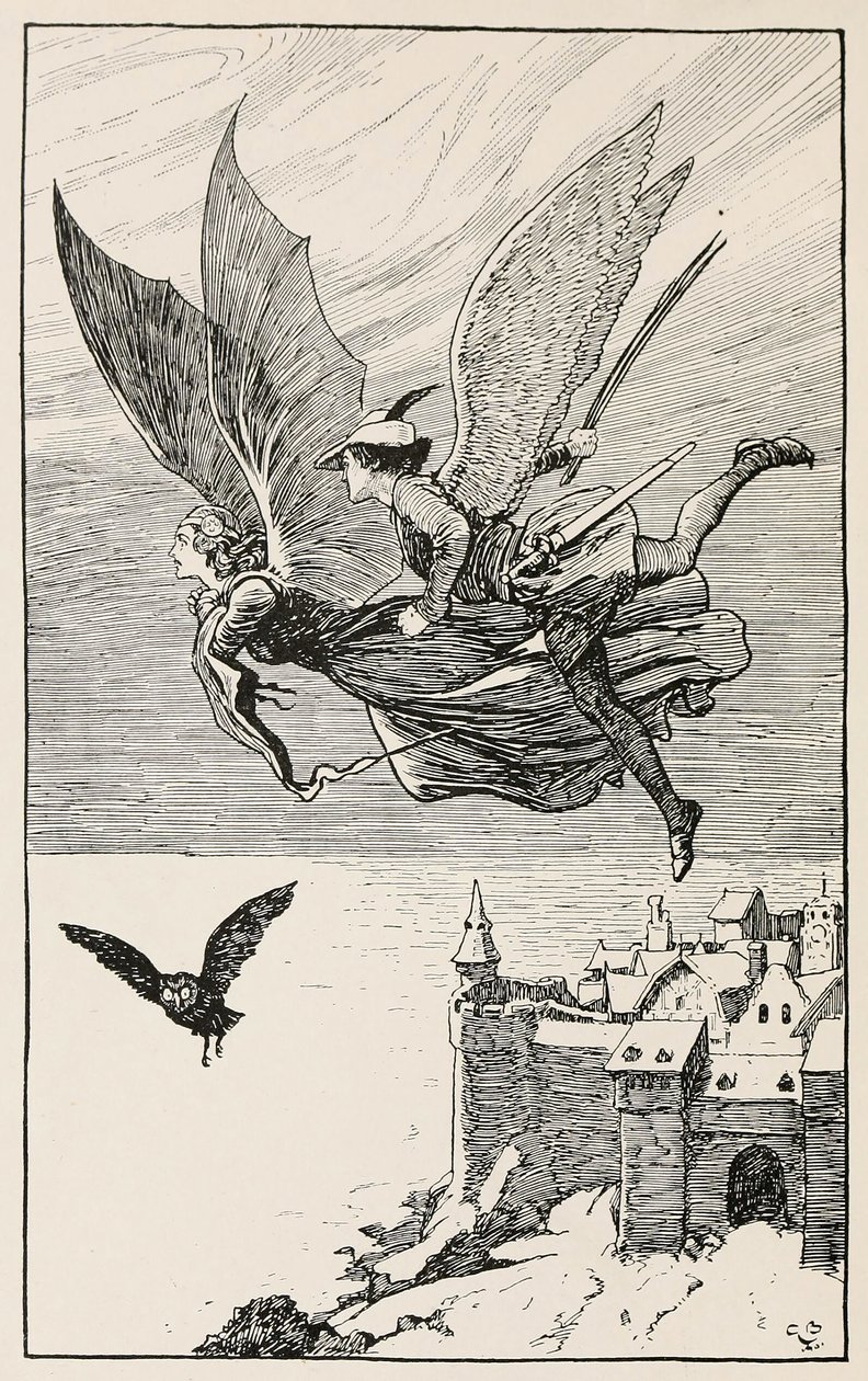 Rejsekammeraten fløj bag hende, fra Fairy Tales from Hans Anderson, pub 1919 (gravering) af Gordon Frederick Browne