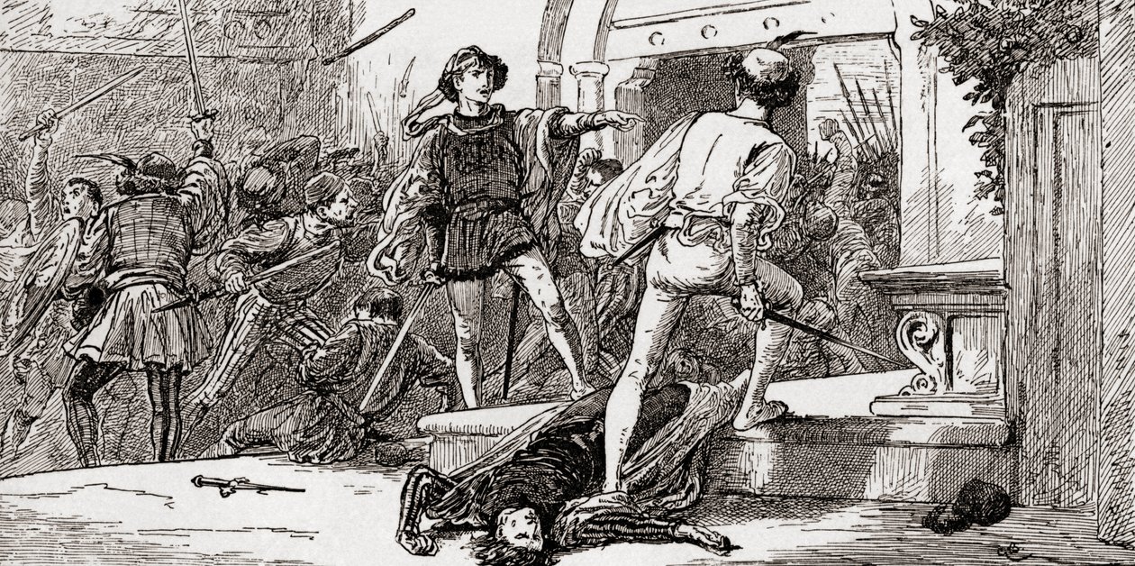 Tybalt dræbt af Romeo, scene fra William Shakespeares Romeo og Julie, akt III, Scene 1, fra The Works of William Shakespeare, udgivet 1896 af Gordon Frederick Browne