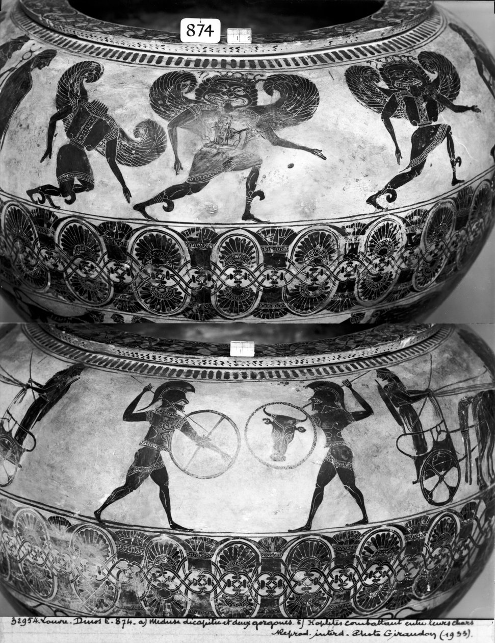 Dinoer afbilder (øverst) Medusa halshugget (nederst) og Hoplites Fighting, ca. 580 f.Kr. (keramik) (se også 438877) af Gorgon Painter