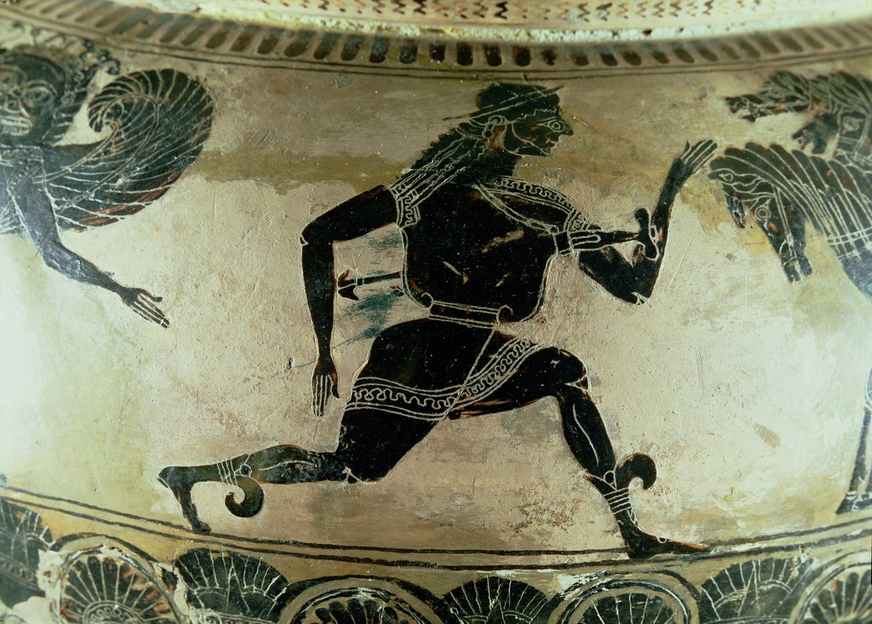 Perseus flygter fra Gorgonerne, detalje fra en attisk dinos med sort figur, græsk, ca. 590 f.Kr. (keramik) af Gorgon Painter