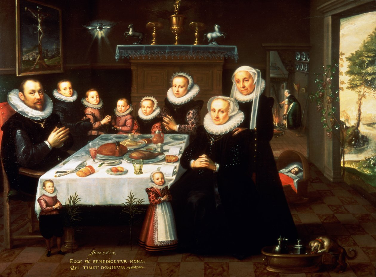 Et portræt af en familie, der siger Grace Before a Meal, 1602 af Gortzius Geldorp