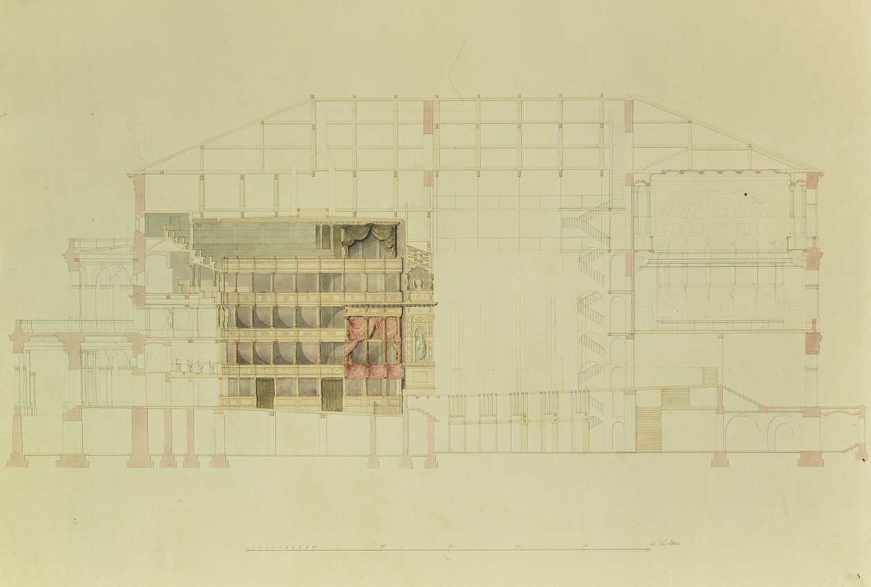 Plan for Dresden Royal Theatre, ca. 1838 (pen & blæk og wc på papir) af Gottfried Semper