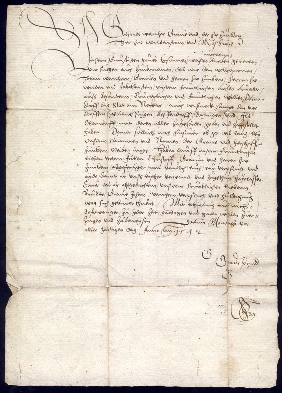 Brev fra grev Gottfried Werner von Zimmer til Schultheiß, borgmester, råd og samfund i byen Oberndorf og Schultheißen, dommere og samfund i landsbyerne Waldmössingen, Beffendorf, Bochingen og Altoberndorf, 30. oktober 1542; Distriktsarkiv rød af Gottfried Werner von Zimmern
