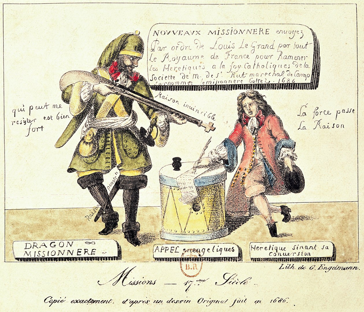 Missioner i det 17. århundrede: Missionær Dragoon tvinger en huguenot til at underskrive sin omvendelse til katolicismen, nøjagtig kopi efter en originaltegning fra 1686 af Gottfried or Godefroy Engelmann