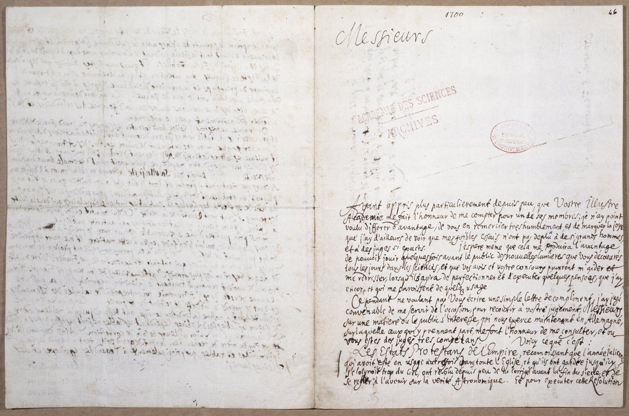 Første side i et brev skrevet af Leibniz om hans optagelse på Academie des Sciences i Paris, 8. februar 1700 af Gottfried Wilhelm Leibniz