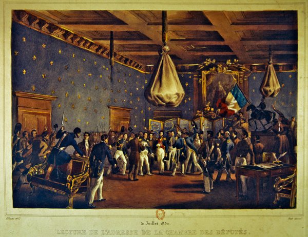 Læsning af Deputeretkammerets adresse på Hotel de Ville, Paris den 31. juli 1830 (farve litho) af Gottfried or Godefroy Engelmann
