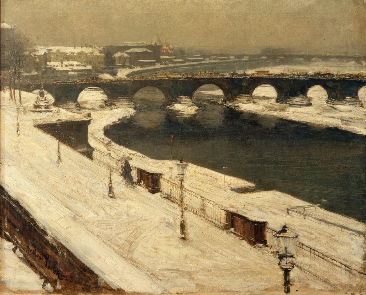 Elbe og Augustus Bridge om vinteren af Gotthardt Johann Kuehl