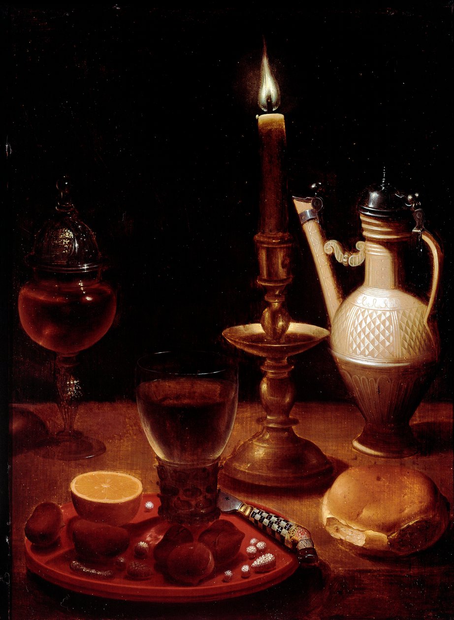 Stilleben med stearinlys, et glas vin og appelsinmaleri af Gotthardt af Wedig (Gottfried Von Wedig) (1583-1641) Paris, Musée du Louvre af Gotthardt von Wedig