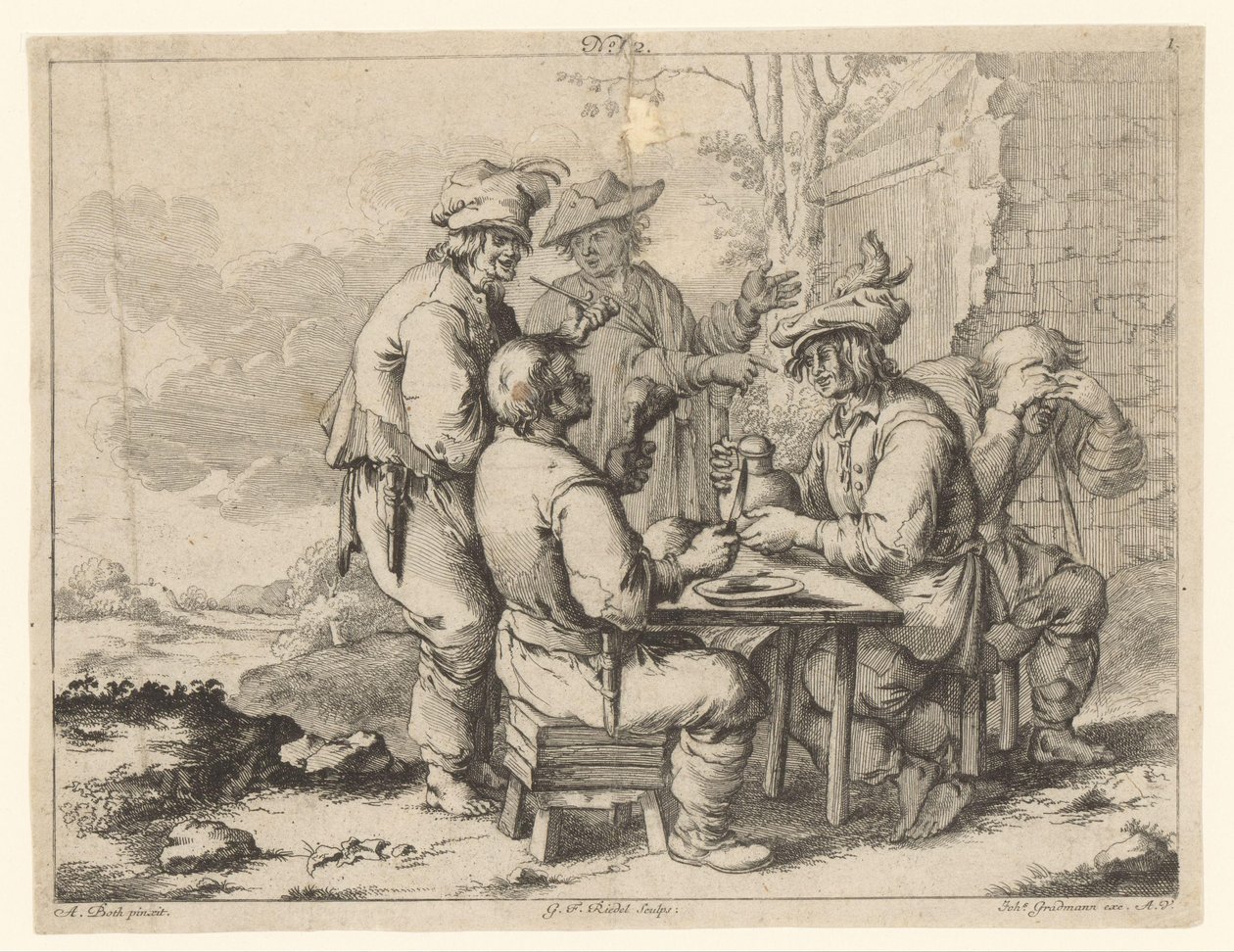 Fem landmænd ved bordet i det fri Landlig hygge (serietitel) af Gottlieb Friedrich Riedel