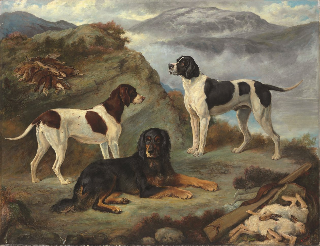 Sherry, Ranger og Glen, tre revolverhunde i et landskab (olie på lærred) af Gourlay Steell