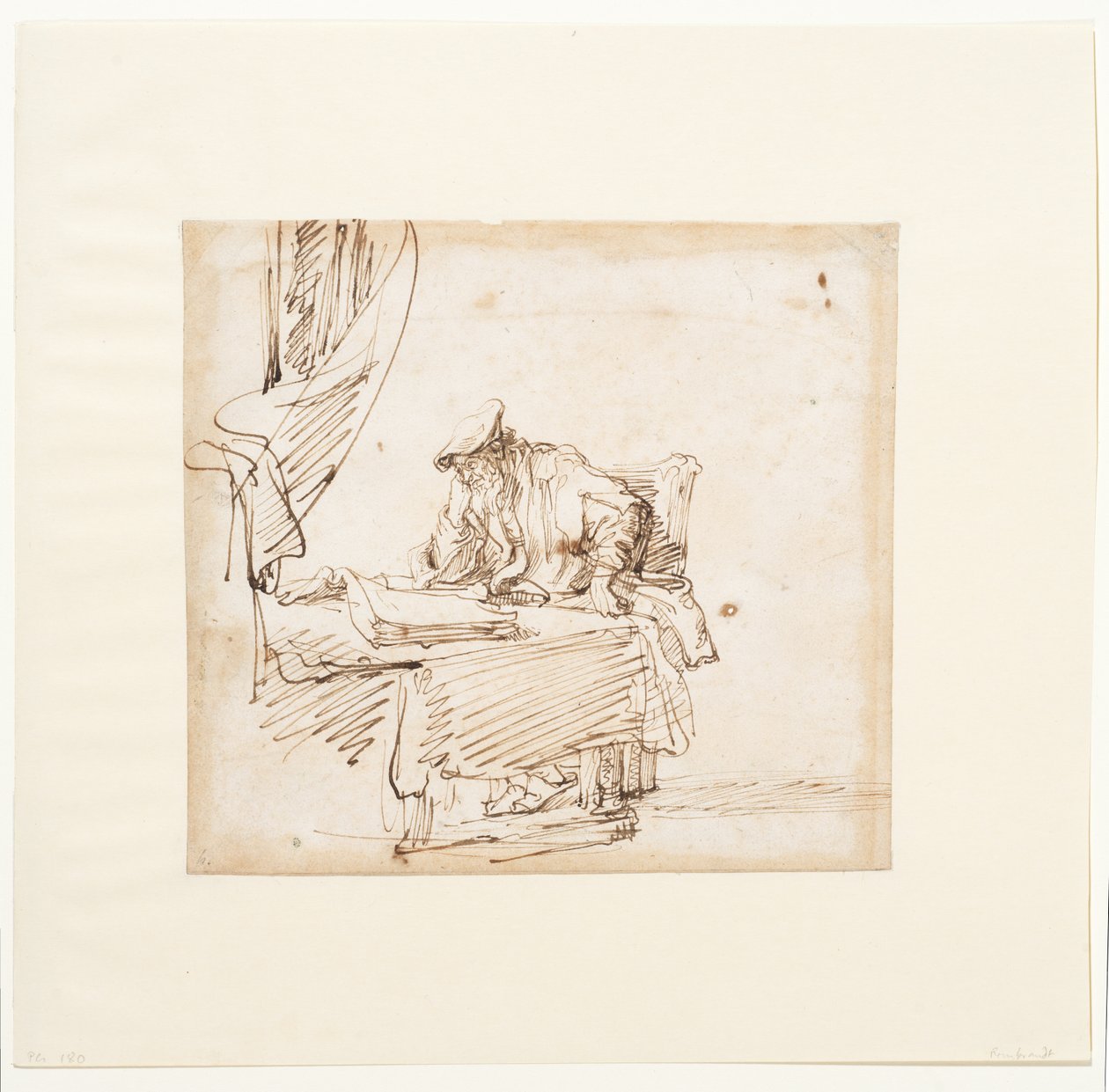 Forsker sidder ved et bord, hvorpå der ligger en stor bog af Govaert (attr. to) Flinck
