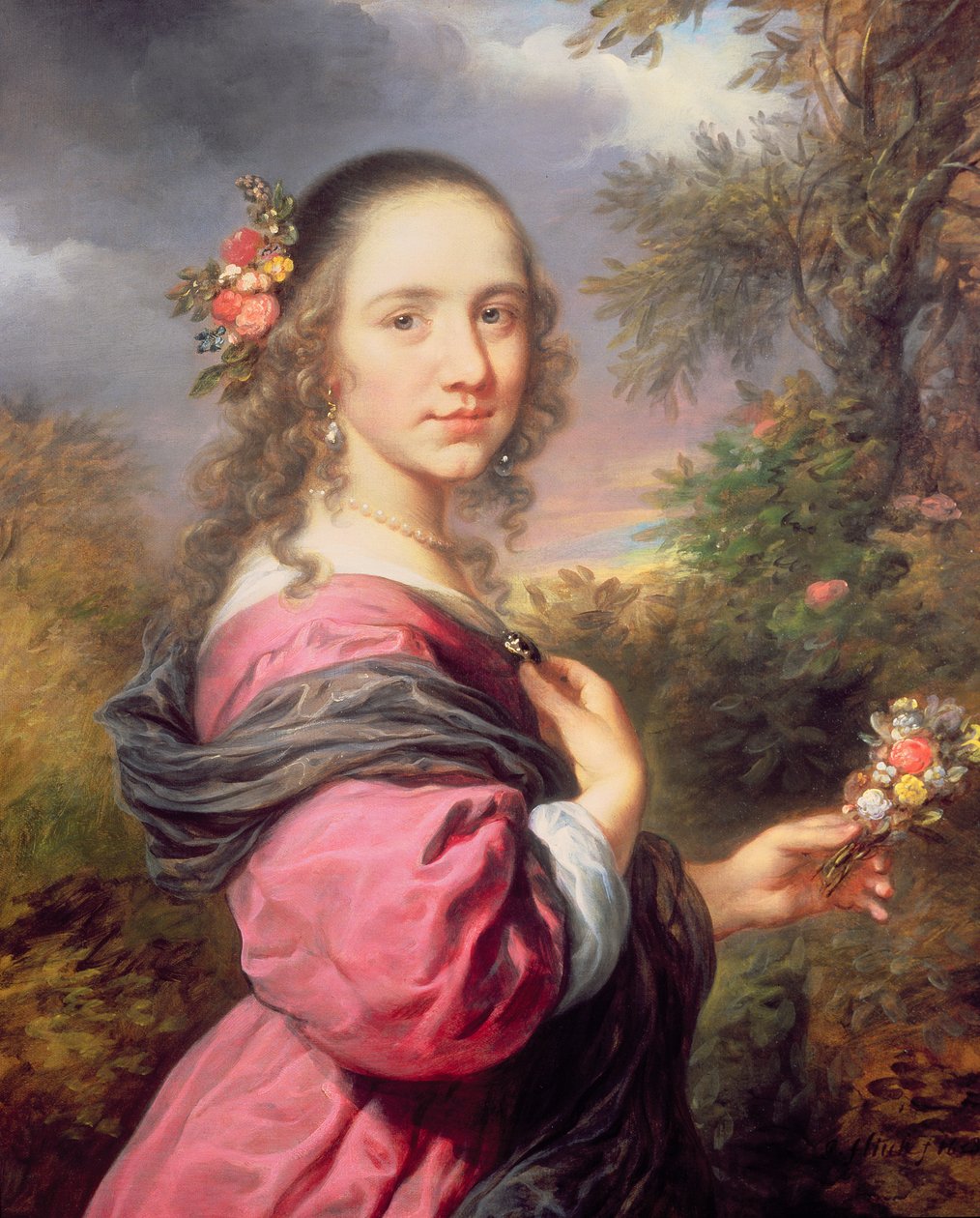 Et portræt af en dame, iført en lilla kjole af Govaert Flinck