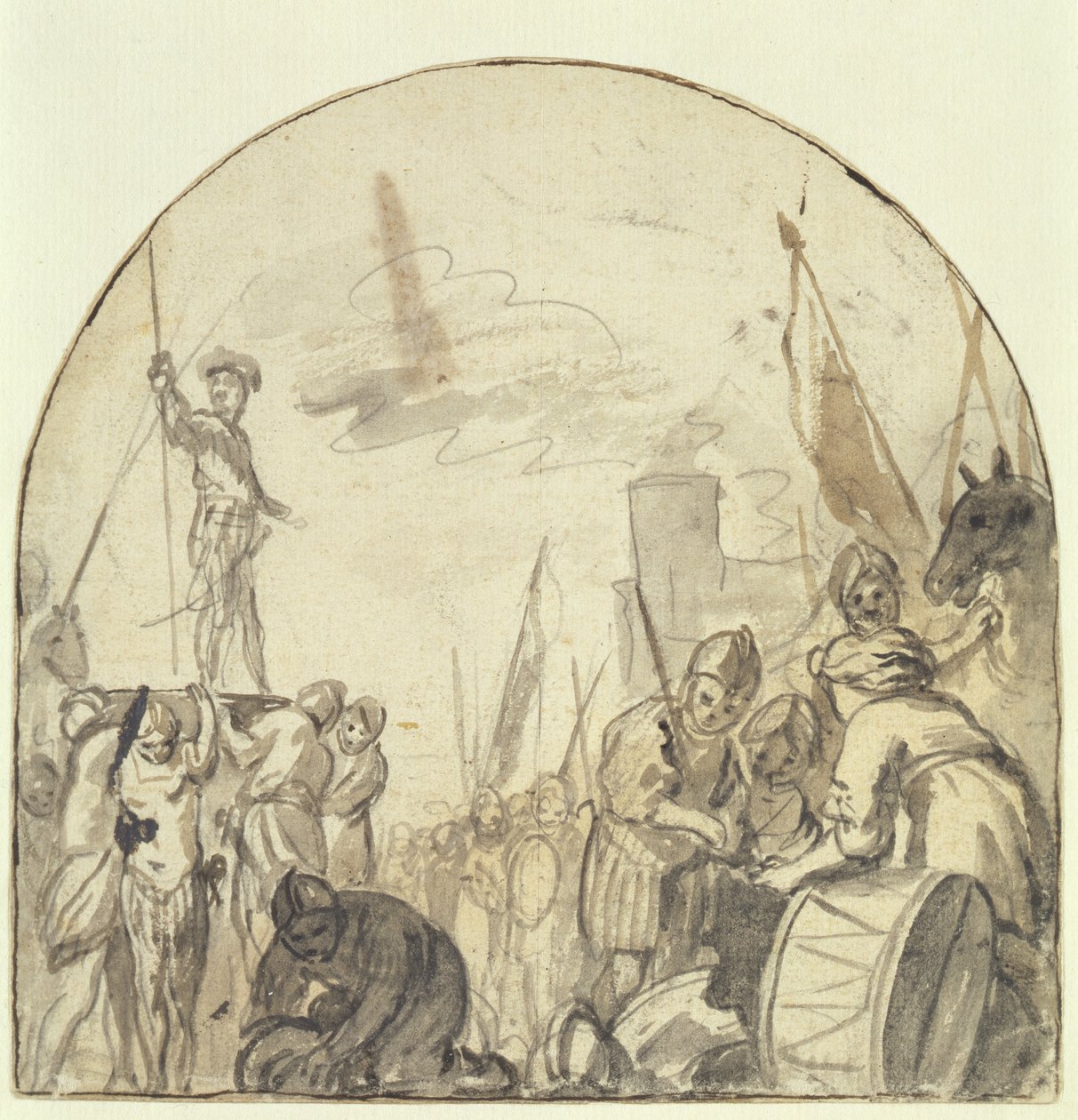 Brinio bliver rejst på sit skjold af sine krigere (pen og pensel og blæk over blyant på papir) af Govaert Flinck