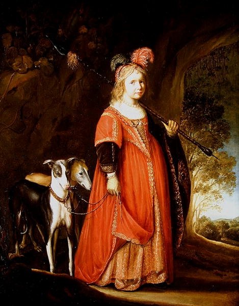 Portræt af en ung pige som Diana i en lysning med to greyhounds af Govaert Flinck