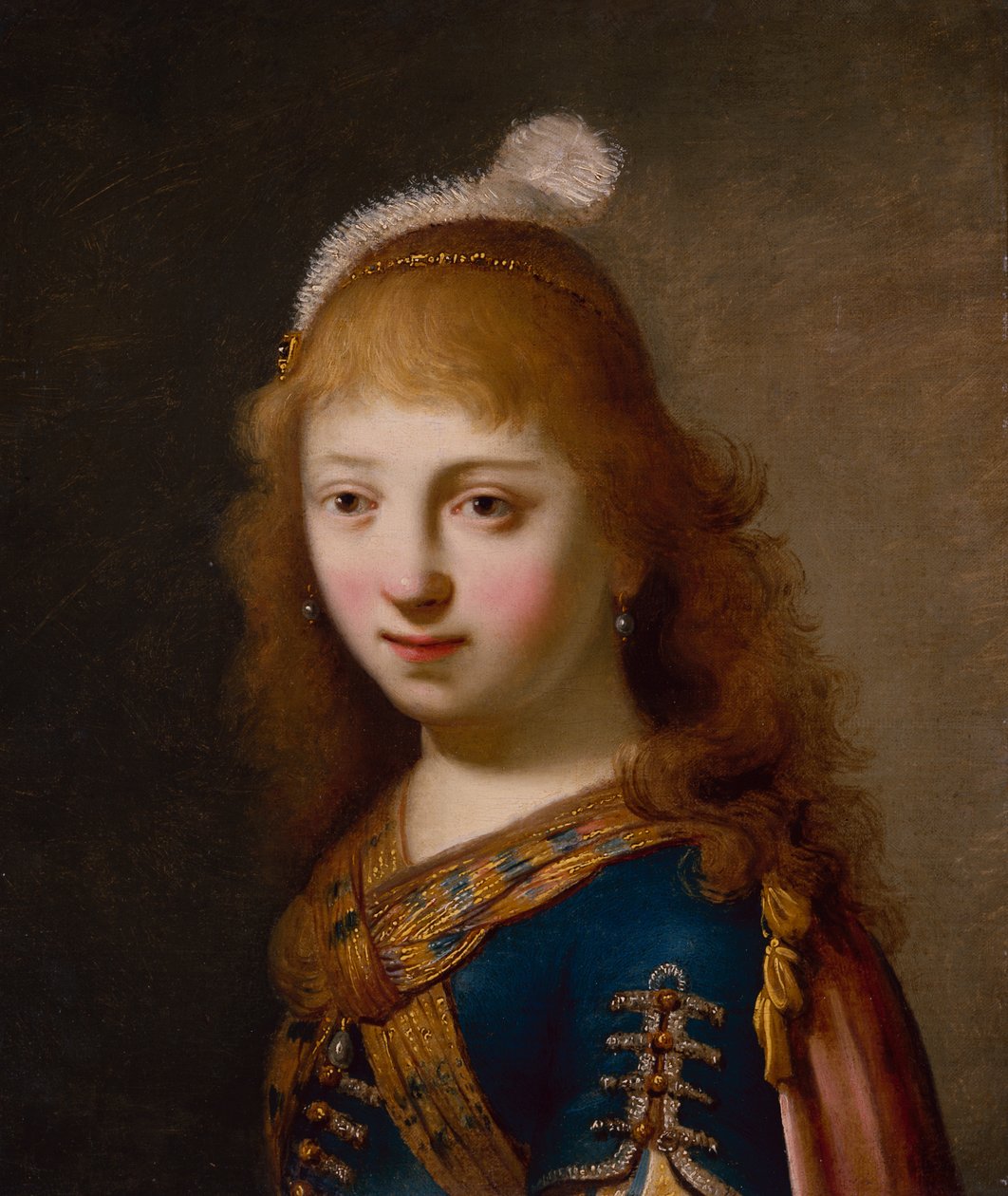 Ung pige med blå kjole og rød kappe (olie på lærred) af Govaert Flinck