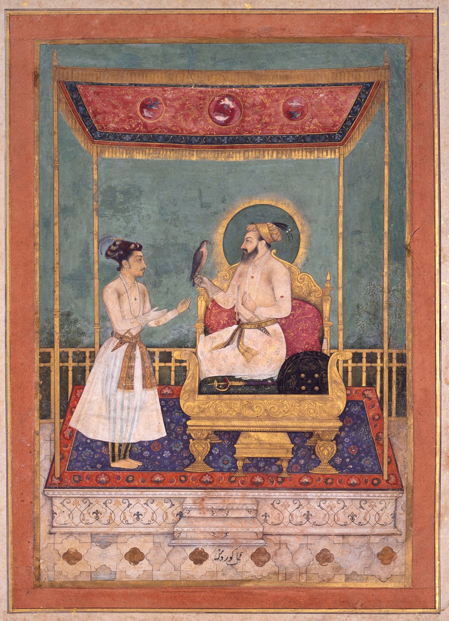Shah Jahan troner med sin søn Dara Shikoh, ca. 1630-1640 (ugennemsigtigt wc & guld på papir) af Govardhan
