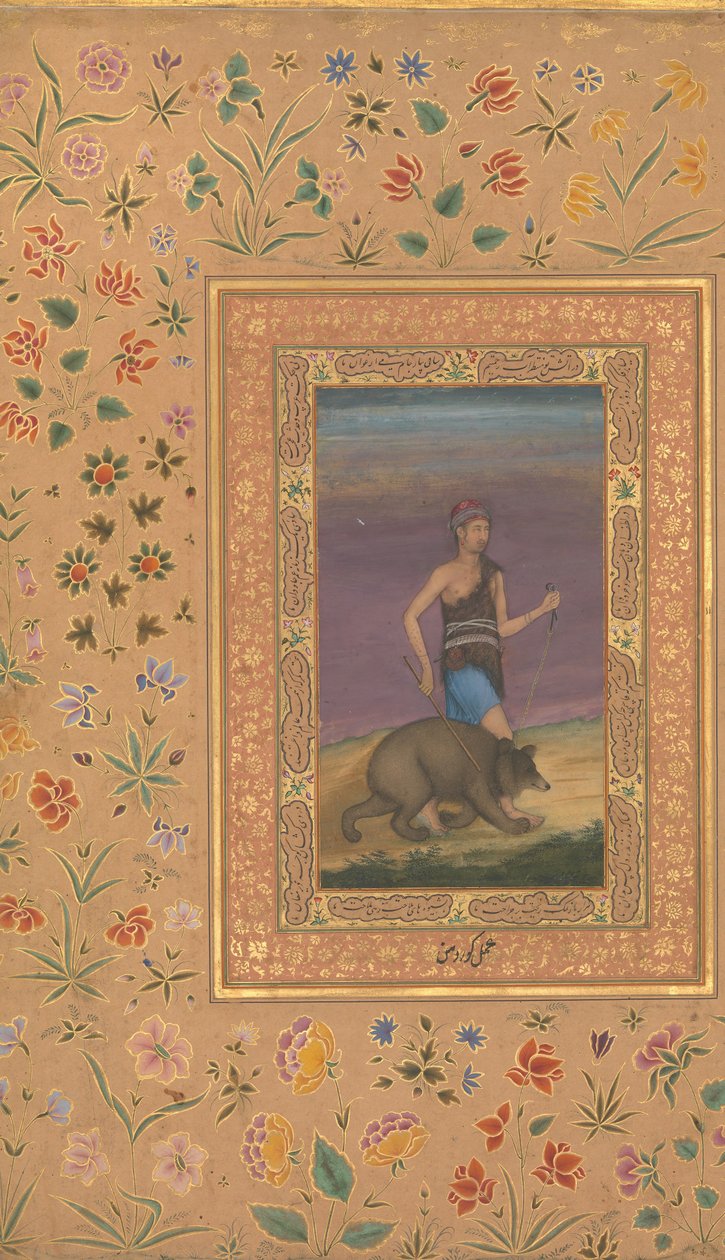 Dervish Leading a Bear, Folio fra Shah Jahan Album, recto: ca. 1630-40, bagside: ca. 1530-40 af Govardhan