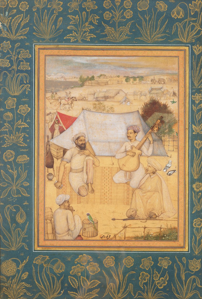 Musikere og sangere knæler i udkanten af en Mughal-lejr. En Yogi og en Tjener Lyt til dem, fra Minto Albummet, ca. 1630 af Govardhan