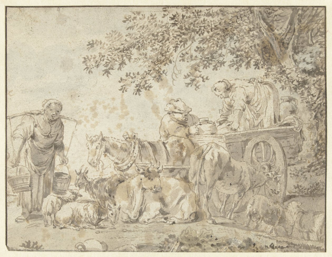 Bønder og kvæg ved en bondevogn af Govert Dircksz. Camphuysen (possibly)