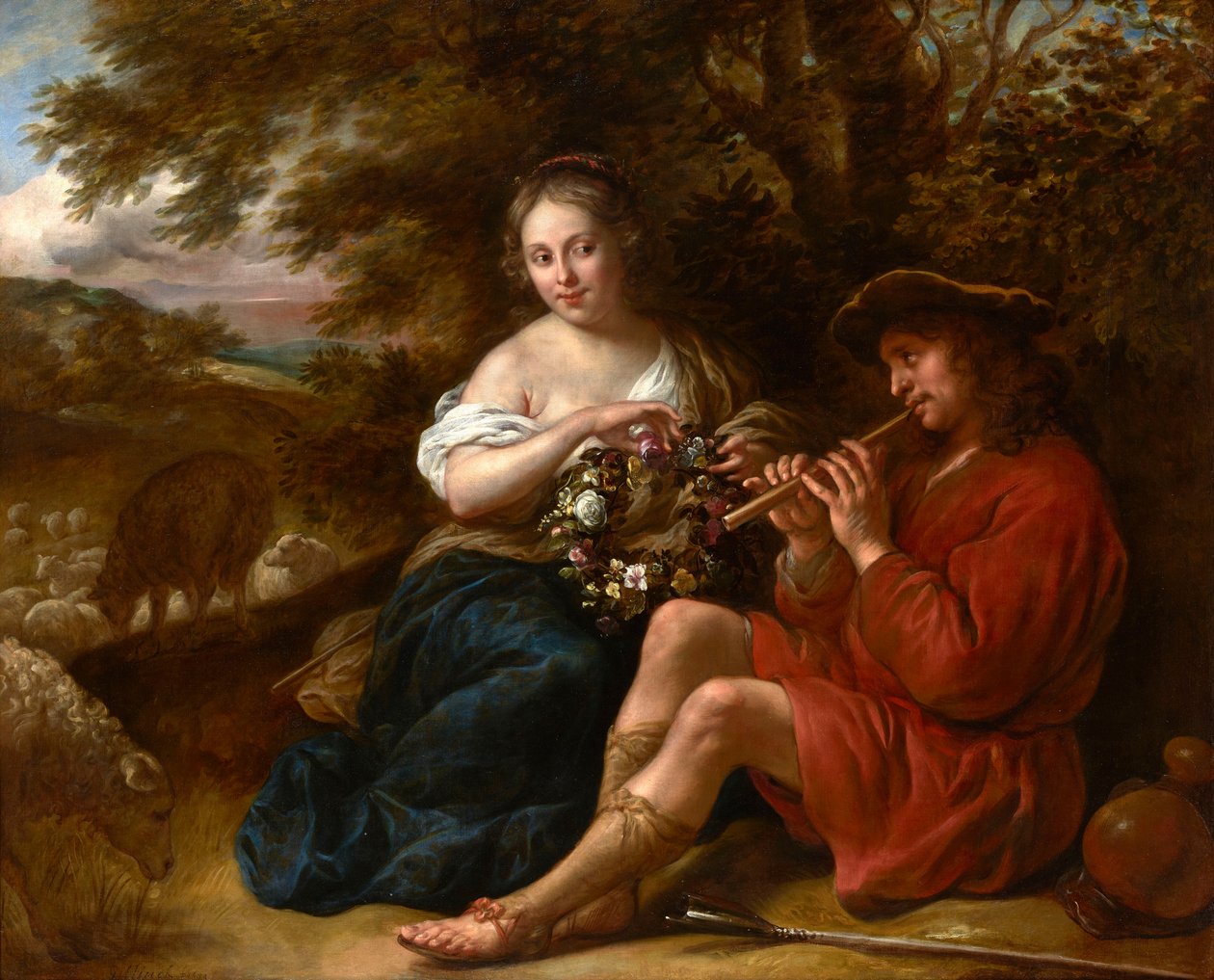 Hollandsk: Hyrdinde lytter til en hyrde, der spiller fløjte i et arkadisk landskab Elegant hyrdinde lytter til en hyrde, der spiller blokfløjte i et arkadisk landskab af Govert Flinck