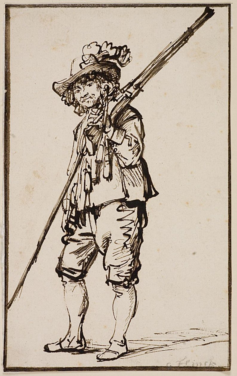 En stående soldat med en musket over skulderen af Govert Flinck