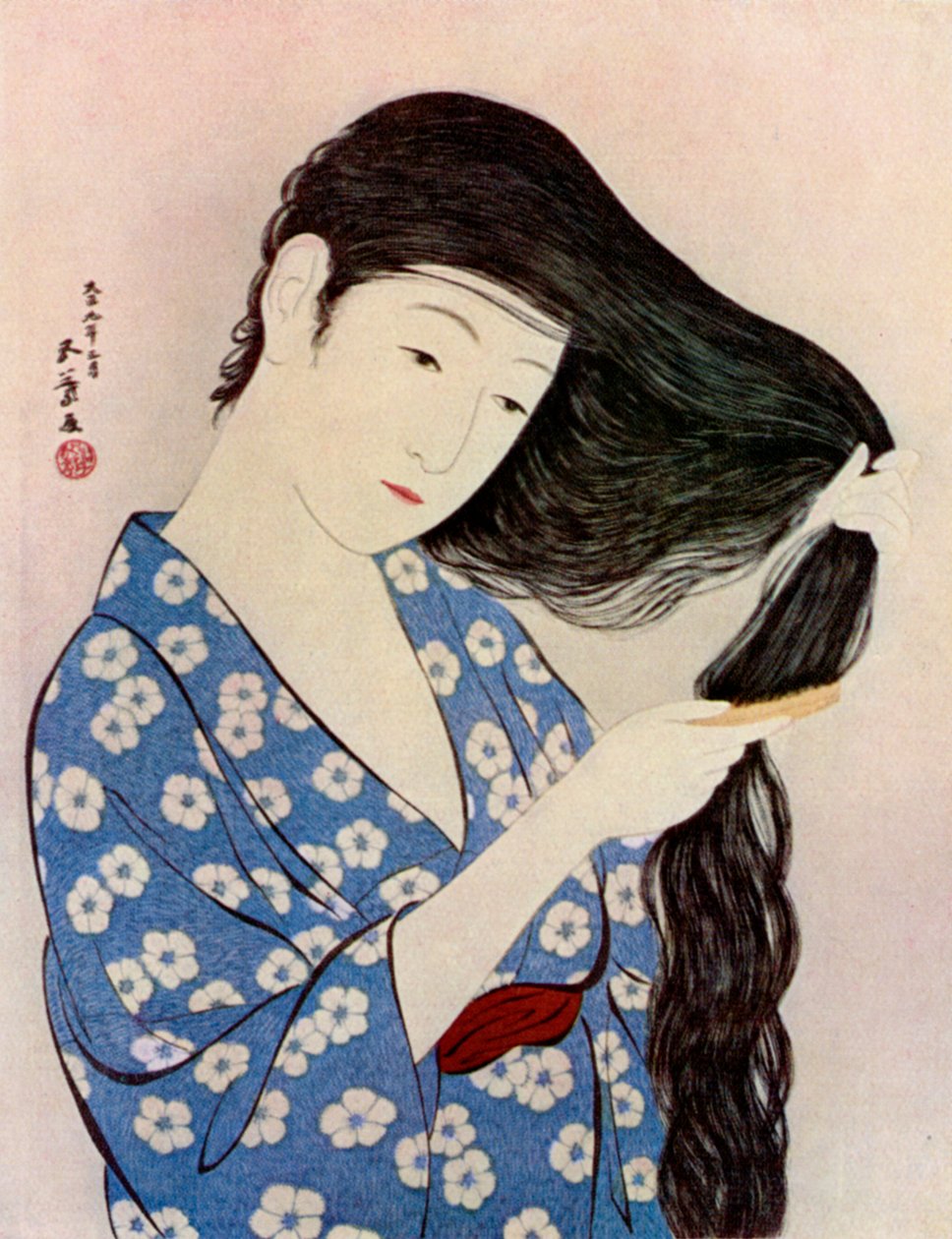 En japansk kvinde, der reder sit hår, 1920 1930. af Goyo Hashiguchi