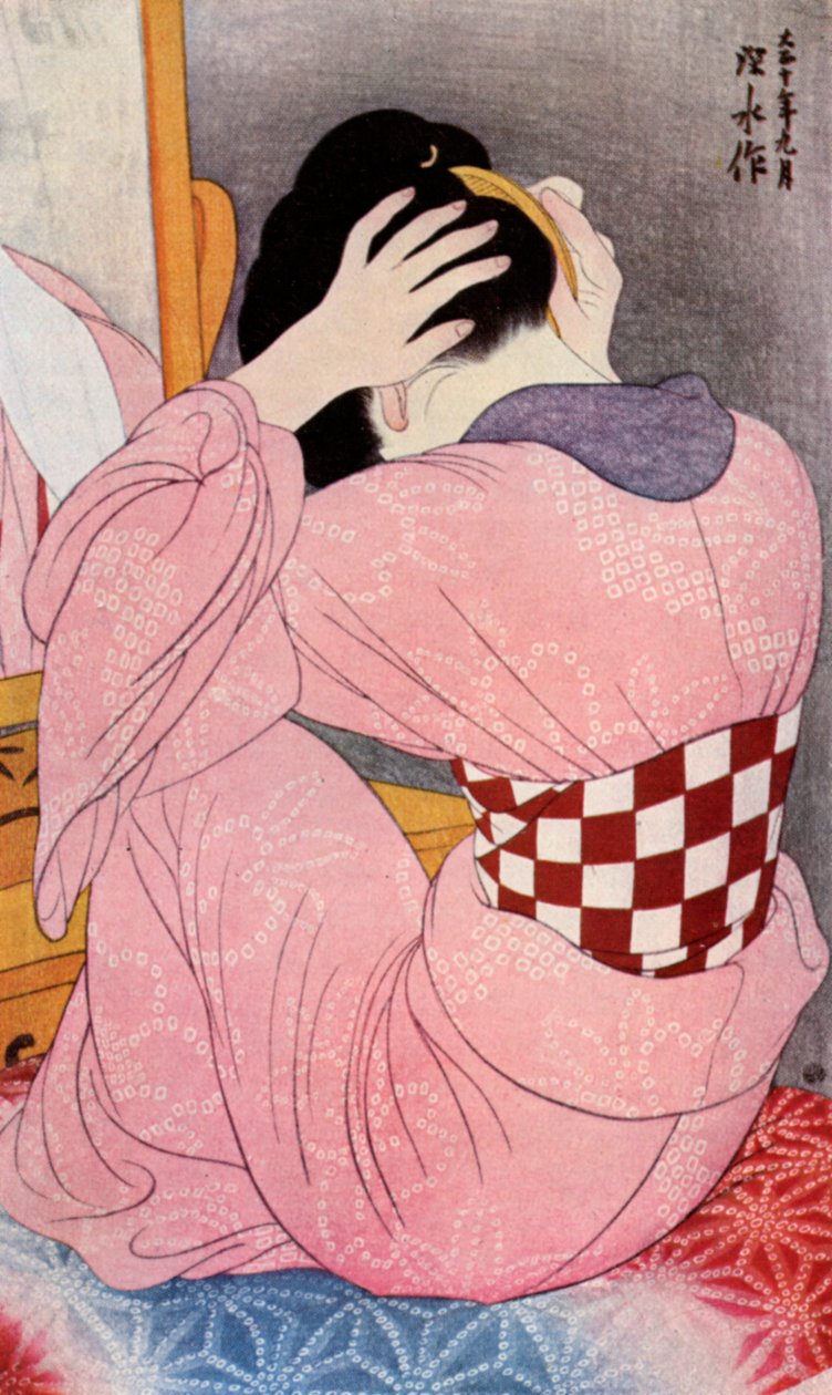 En japansk kvinde klæder sit hår, 1920