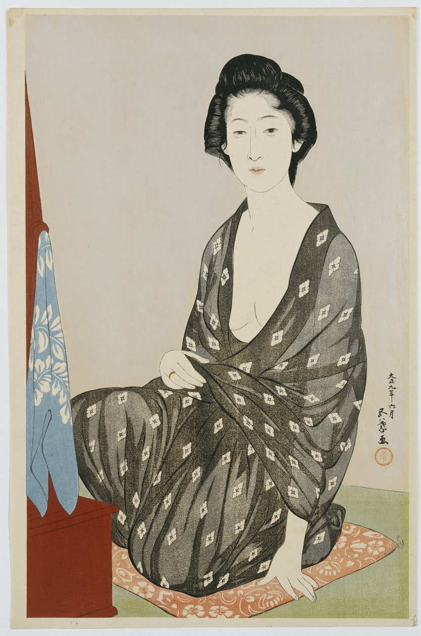En skønhed i en sort kimono med hvide hanabishi-mønstre, siddende foran et spejl, 1920 af Goyo Hashiguchi